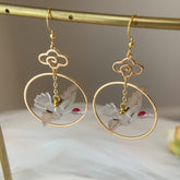 Crane Earrings with Clouds and Waves - Japanese Crane Asymmetrical unique earrings Dangle - Oriental earrings